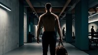 Shirtless athletic male with muscular build walking through modern industrial corridor carrying leather briefcase, representing ambition, success, and professional determination in contemporary workspace environment.