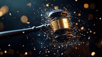 Dramatic gavel with golden sparks and bokeh effects on dark background, symbolizing justice, legal decisions and courtroom authority in dramatic lighting.