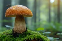 Wild forest mushroom with brown cap growing on green moss in blurred woodland setting. Perfect for nature photography, culinary themes, or forest ecology projects.