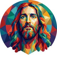 Colorful geometric portrait of bearded man with long hair in vibrant polygonal art style featuring rainbow spectrum colors and angular faceted design elements.
