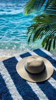 Straw sun hat with blue ribbon on striped beach towel near turquoise ocean water with palm leaves, creating relaxing tropical vacation atmosphere.