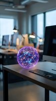 Glowing purple sphere with network connections floating above laptop in modern office workspace representing artificial intelligence and digital technology.