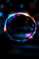 Glowing neon circle with colorful light trail effects on dark background with bokeh lights, creating magical energy ring portal atmosphere.