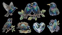 Iridescent starling bird clipart set isolated on transparent background, featuring pairs, nests, feathers, and heart. Ready for stickers, t-shirt design, print on demand.