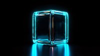 Glowing neon blue cube with transparent glass edges on dark reflective surface creates futuristic minimalist composition with dramatic lighting effects.