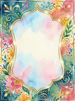 Ornate gold frame with watercolor gradient background featuring vibrant floral and decorative flourishes in pink, blue, yellow and teal. Isolated design element ready for invitations, greeting cards, posters and digital projects.