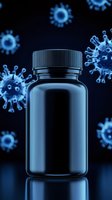 Medicine bottle with virus particles floating around on dark blue background for healthcare and pharmaceutical industry concepts.
