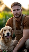 Caucasian male in brown overalls with golden retriever dog outdoors during sunset. Natural warm lighting creates peaceful atmosphere for lifestyle and pet photography.