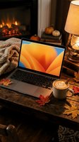 Cozy autumn workspace with laptop, latte art coffee, fall leaves on rustic wooden desk, warm fireplace and lamp in background.