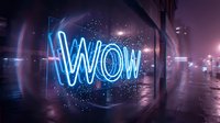 Glowing blue neon WOW text with sparkling effects on wet urban street at night. Modern typography design for advertising and marketing campaigns.