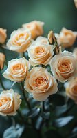 Delicate peach roses in full bloom against dark green foliage, captured in soft focus with natural lighting. Close-up floral composition shows intricate petal patterns.