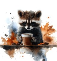 Cute raccoon holding coffee cup surrounded by autumn leaves and watercolor splashes on white background, artistic wildlife illustration for seasonal decor.