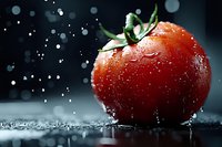 Fresh red tomato with water drops and splashes on dark background, dramatic lighting creates appetizing mood for food photography and menu design.