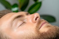 Young Caucasian man with beard and closed eyes resting peacefully against blurred green plant background, wellness and mindfulness concept for spa and meditation.