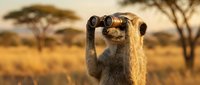 Meerkat standing upright holding binoculars in African savanna landscape during golden hour sunset with acacia trees in background for wildlife photography.