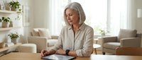Mature Caucasian businesswoman working on tablet at home office desk in bright modern living room with plants and natural lighting for remote work.
