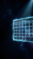 Futuristic holographic keyboard floating in deep space with glowing blue energy effects and starfield background for technology concepts.