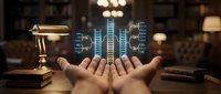 Hands presenting holographic digital equalizer bars with glowing blue audio waves in elegant office setting with warm lighting and classic desk lamp.
