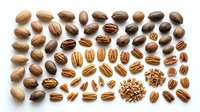 Assorted nuts collection featuring walnuts, pecans, almonds and mixed varieties arranged in organized rows on white background for culinary designs.