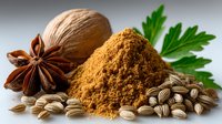 Aromatic spices arrangement with nutmeg, star anise, ground cinnamon powder, fennel seeds and fresh parsley leaf on neutral background.