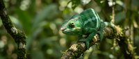 Green chameleon perched on tree branch in natural forest habitat with blurred foliage background showcasing reptile wildlife and tropical ecosystem biodiversity.
