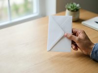 Person with medium skin tone holding white envelope at wooden desk with succulent plant and window in background, suitable for business communication and correspondence concepts.