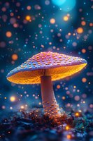 Glowing purple and gold mushroom against dark blue background with magical bokeh lights creating fantasy forest atmosphere.
