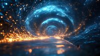 Glowing blue spiral tunnel with orange sparks and reflective water surface creates mystical portal effect in dark space background for fantasy designs.