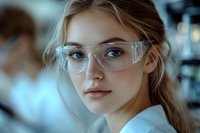 Young female scientist wearing protective transparent glasses in research laboratory setting with soft blue toned lighting and blurred background.