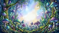 Enchanted forest floor with glowing mushrooms, twisted trees, and magical light rays creating a mystical woodland fantasy atmosphere.