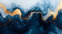 Abstract navy blue and gold marble texture with flowing liquid effect and glitter accents on dark background, luxury art pattern for modern interior design.