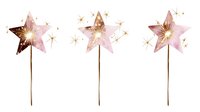 Magical pink and gold star wands with sparkling elements on white background, isolated design for party decorations and festive celebrations.
