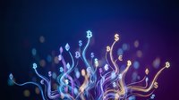 Digital cryptocurrency symbols floating upward on glowing circuit pathways against dark blue purple gradient background for fintech blockchain technology concepts.