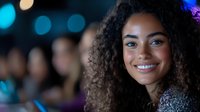 Young African American woman with curly hair smiling confidently in dark environment with bokeh lights background, showing genuine happiness and positive emotion.