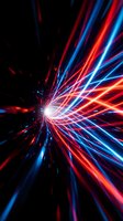 Vibrant neon light rays burst from center in red, blue, and orange hues against dark background. Ideal for technology, digital innovation, and motion graphics projects.