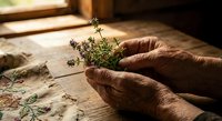 Elderly hands gently holding fresh thyme herb on rustic wooden table near sunlit window, warm natural light, traditional herbal medicine concept.