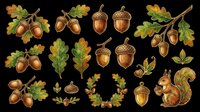 Autumn oak acorns and leaves clipart set with squirrel, isolated on transparent background, ready for stickers, t-shirt design, and print on demand.