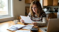 Middle-aged Caucasian woman with glasses reviewing financial documents at kitchen table with calculator and coffee cup in cozy home setting.