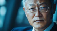 Asian senior executive wearing glasses and business suit looking confidently at camera against blurred blue background, professional corporate portrait.