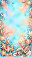Watercolor ocean frame with seashells, coral, starfish and marine elements on blue gradient background for summer designs and coastal themed projects.