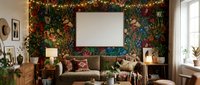 Cozy living room with blank white canvas on vibrant floral wallpaper, brown sofa with pillows, warm lighting and plants for home decor mockup.