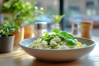 Fresh pasta salad with basil and herbs served in ceramic bowl on wooden table. Healthy Mediterranean cuisine for lunch or dinner preparation.