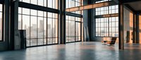 Empty modern loft interior with floor-to-ceiling windows, polished concrete floors, and industrial steel beams overlooking urban skyline, suitable for office or residential design projects.