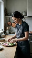 Young woman in apron preparing fresh vegetable salad in modern kitchen with natural lighting and copper cookware for healthy home cooking lifestyle.