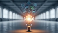 Glowing light bulb with floating technology icons in modern industrial corridor representing innovation, creativity, and digital transformation concepts.