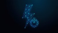 Glowing polygonal lightning bolt with power button symbol on dark blue background, digital energy concept for technology design.