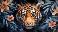 Majestic tiger head surrounded by tropical flowers and leaves in dark moody tones. Detailed wildlife art with orange and teal color palette creates dramatic atmosphere.