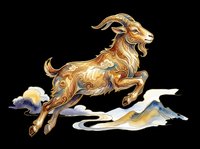 Leaping golden goat with ornate swirl patterns in Asian watercolor style, isolated on transparent background. Great for stickers, t-shirt design, and print on demand.