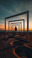 Silhouette of person framed by geometric metal structures on beach at sunset, creating optical illusion of infinite doorways against orange sky and ocean.
