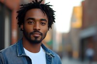 Young African American man with dreadlocks and facial hair wearing denim jacket and white t-shirt, looking confidently at camera against blurred urban background.